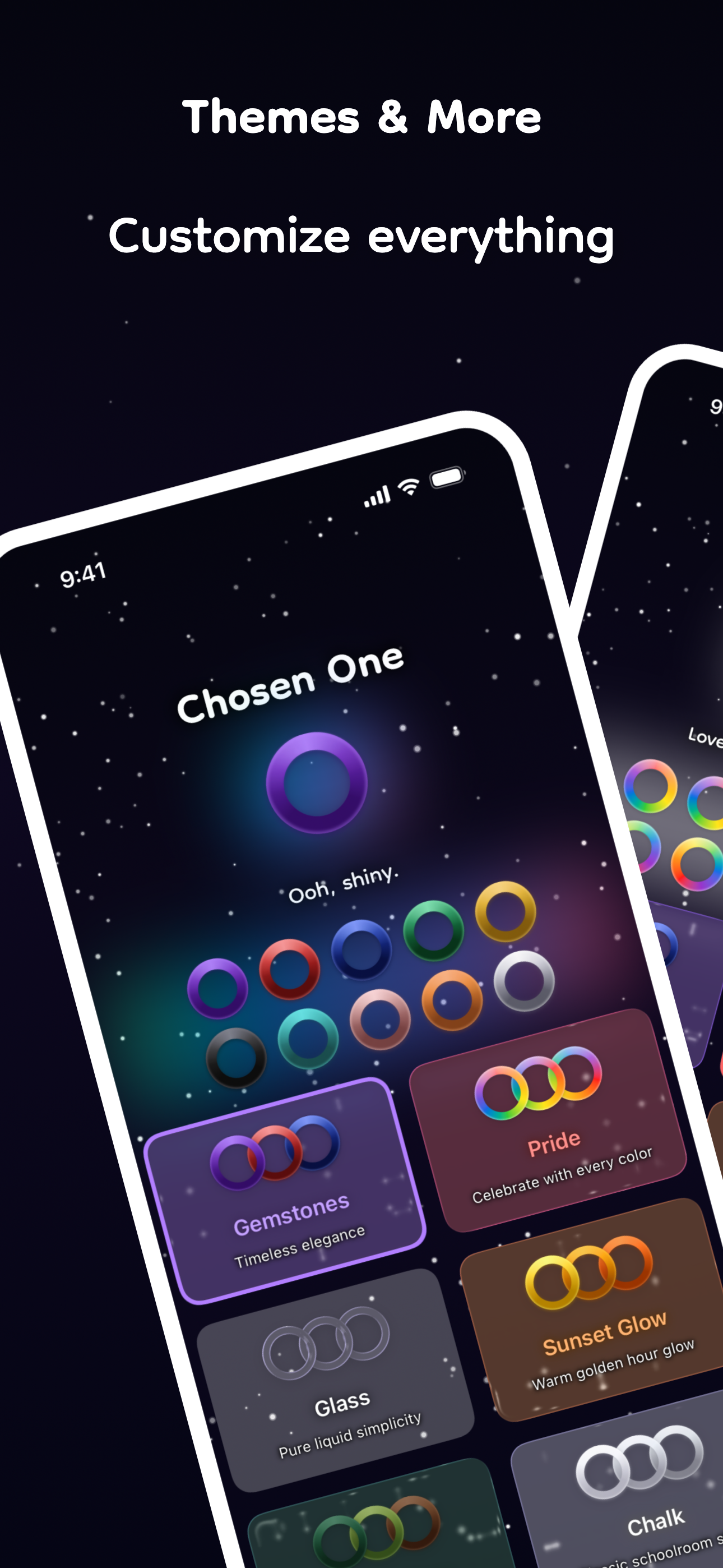 Theme selection screen showing various ring styles including Gemstones, Pride, Glass, and Sunset Glow