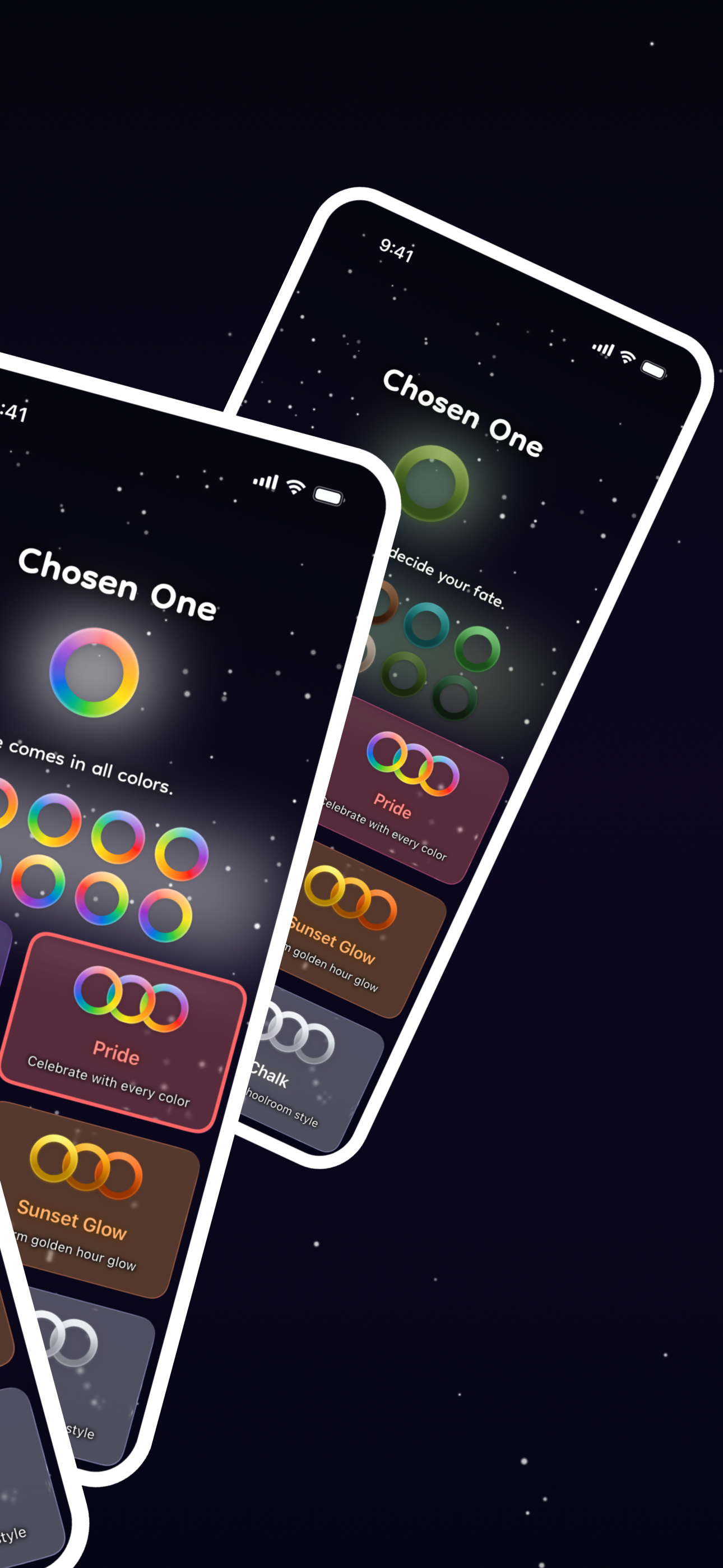 Two phones showing the theme picker with Pride and Sunset Glow themes
